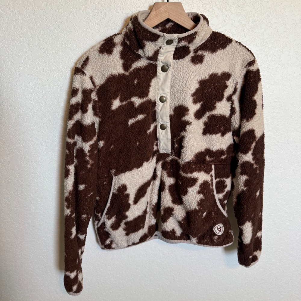 Western Cowgirl Ariat REAL Sherpa Pullover Medium Brown White Cow Print